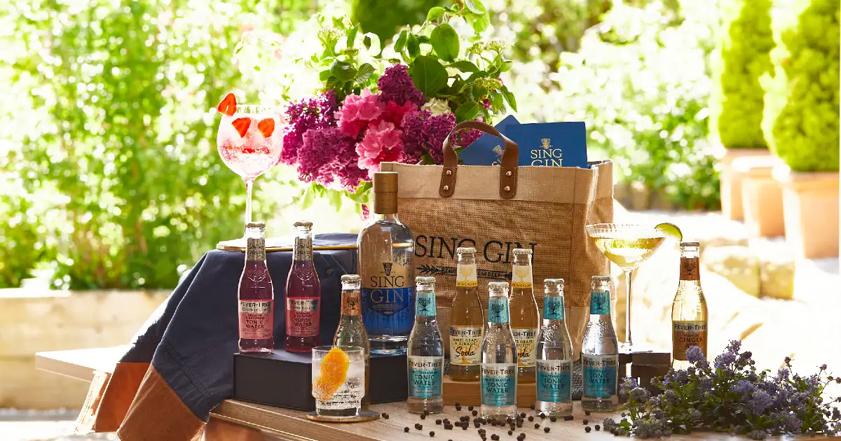 Hamper includes bottle of Sing Gin and ten Fever Tree mixers in a hessian jute bag